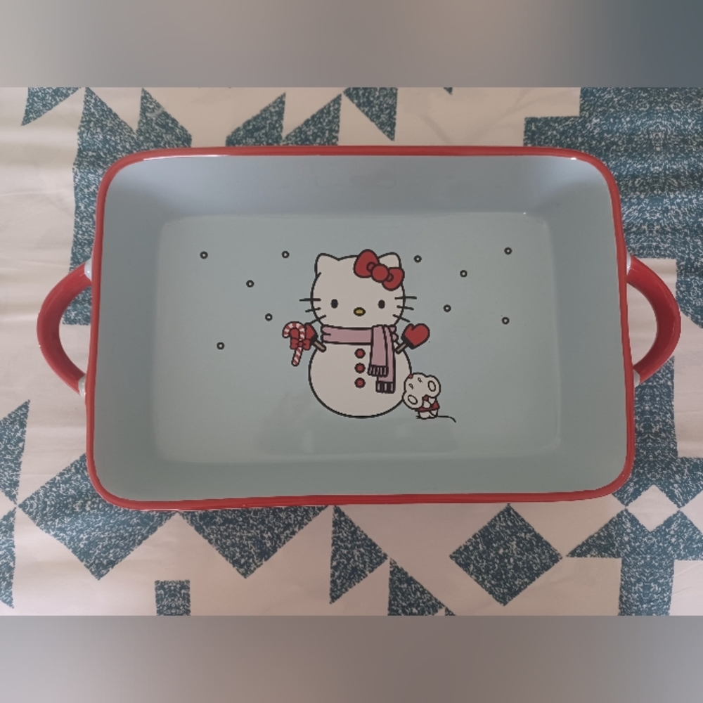 Hello Kitty Snowman Christmas Red and Light Blue Ceramic Baking Dish 9x12